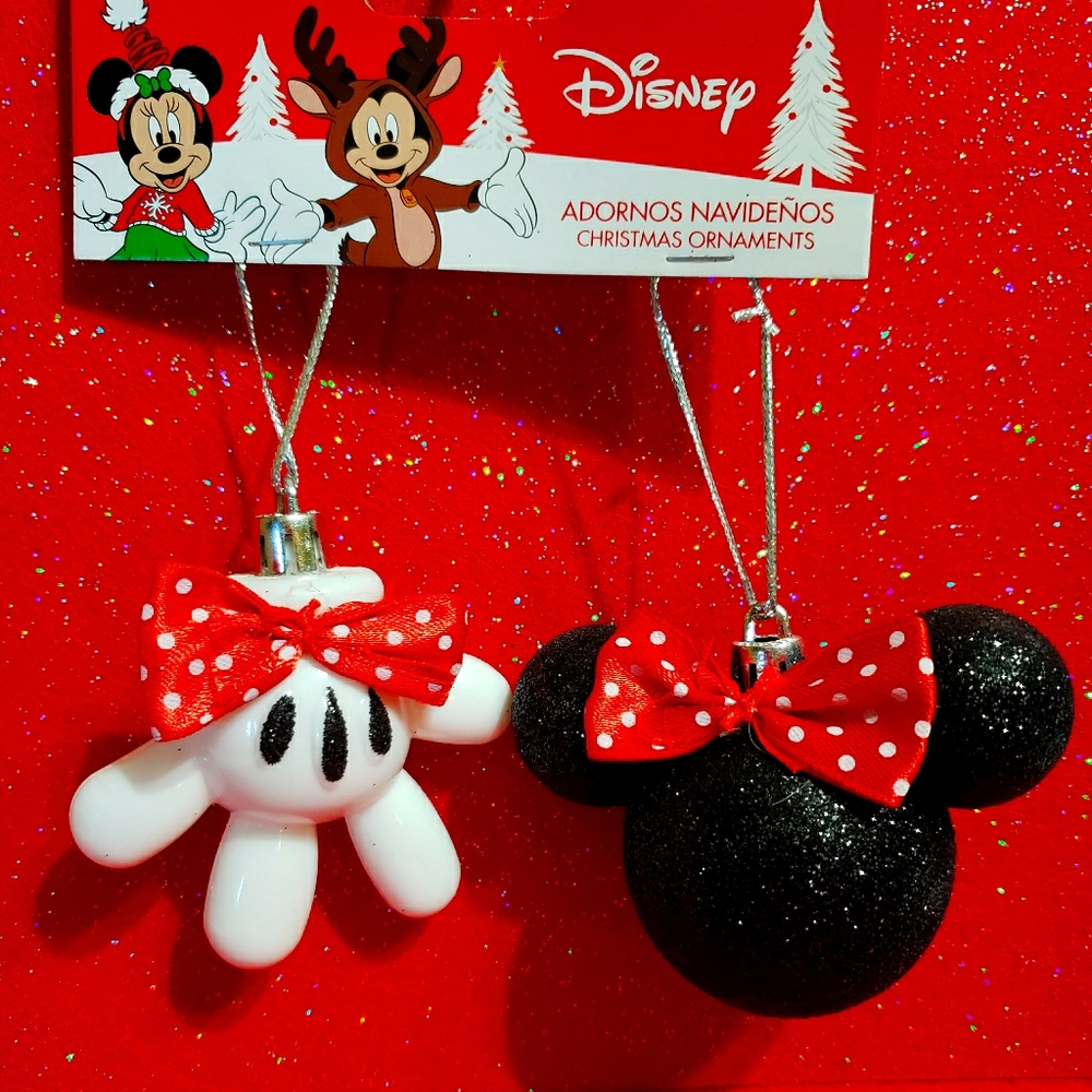Disney Minnie Mouse Christmas Tree Ornaments Set Of 2pz Head and Glove with Bow